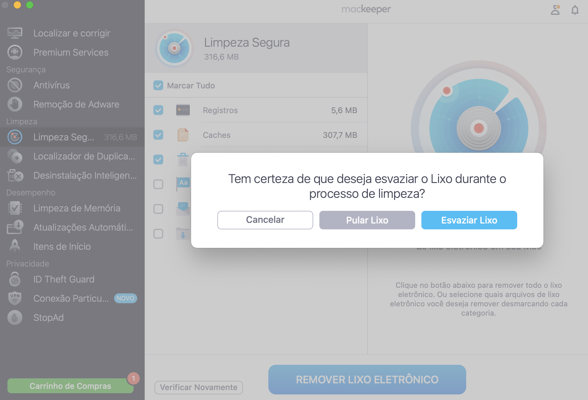 O MacKeeper também permite esvaziar o Lixo enquanto utiliza a Limpeza Segura. No entanto, não é obrigatório — escolha a opção que melhor se adequa às suas necessidades.