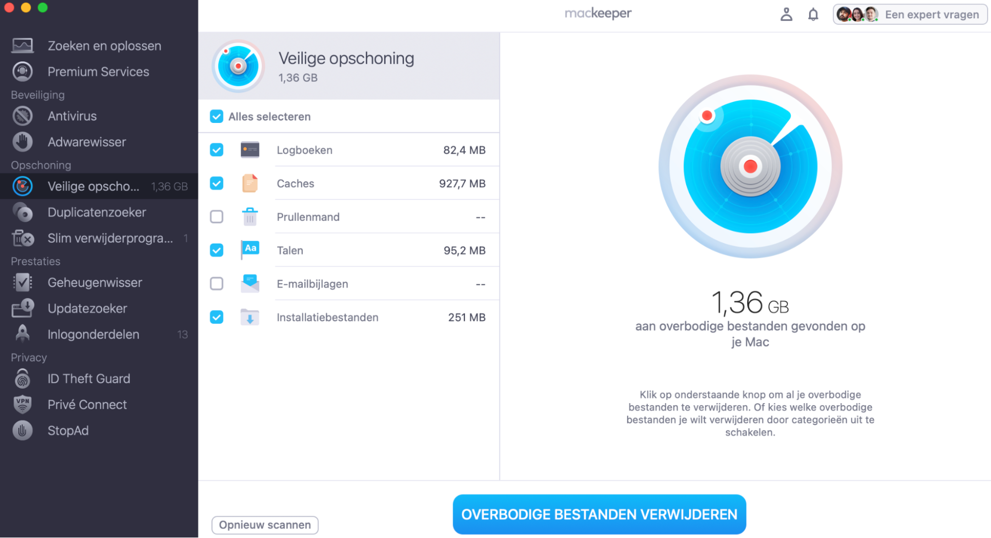 Vink de vakjes aan naast taalbestanden, caches, enzovoort en klik op Overbodige bestanden verwijderen.