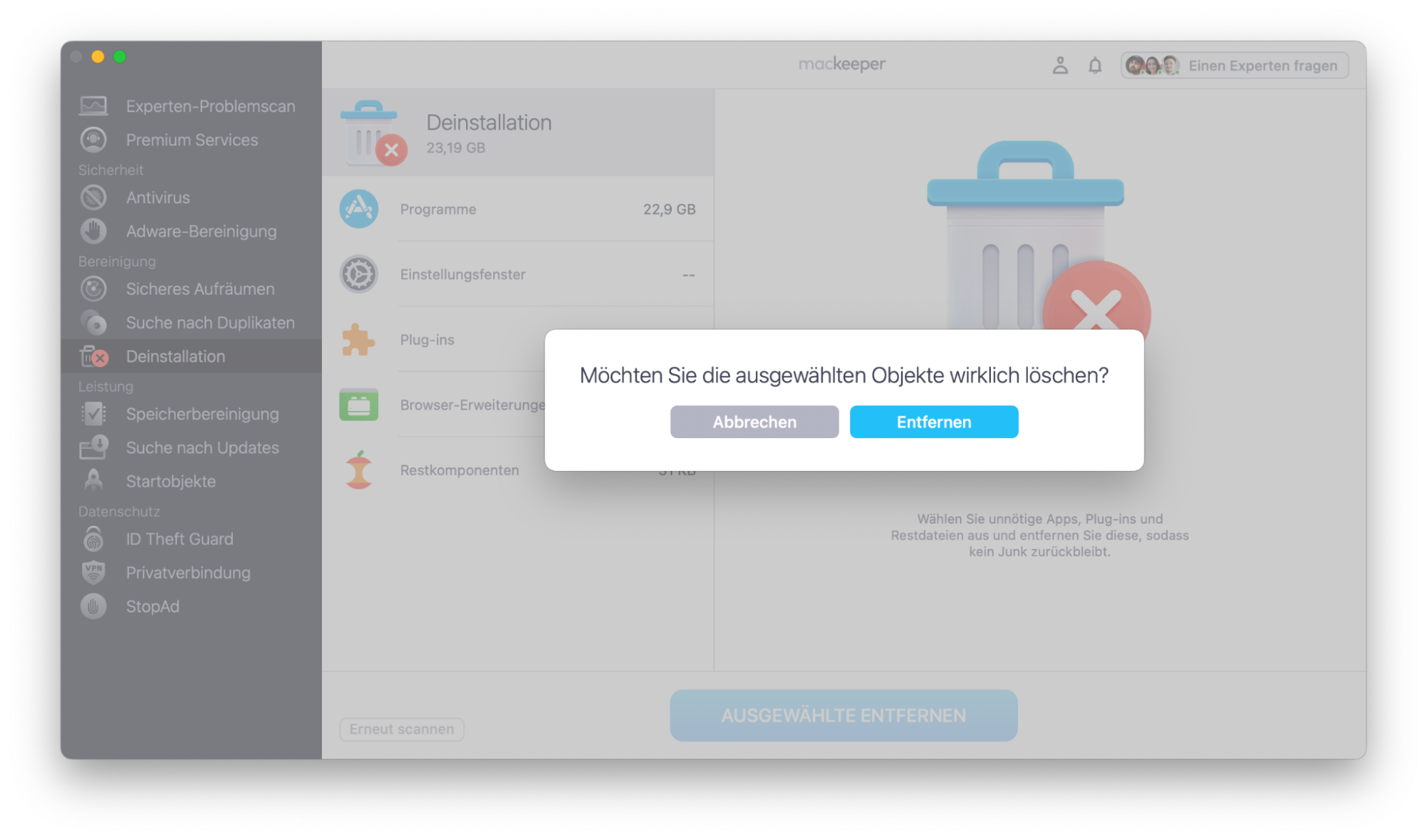 Um die Entfernung nicht benötigter Elemente abzuschließen, klicken Sie im Pop-Up-Fenster auf Entfernen.