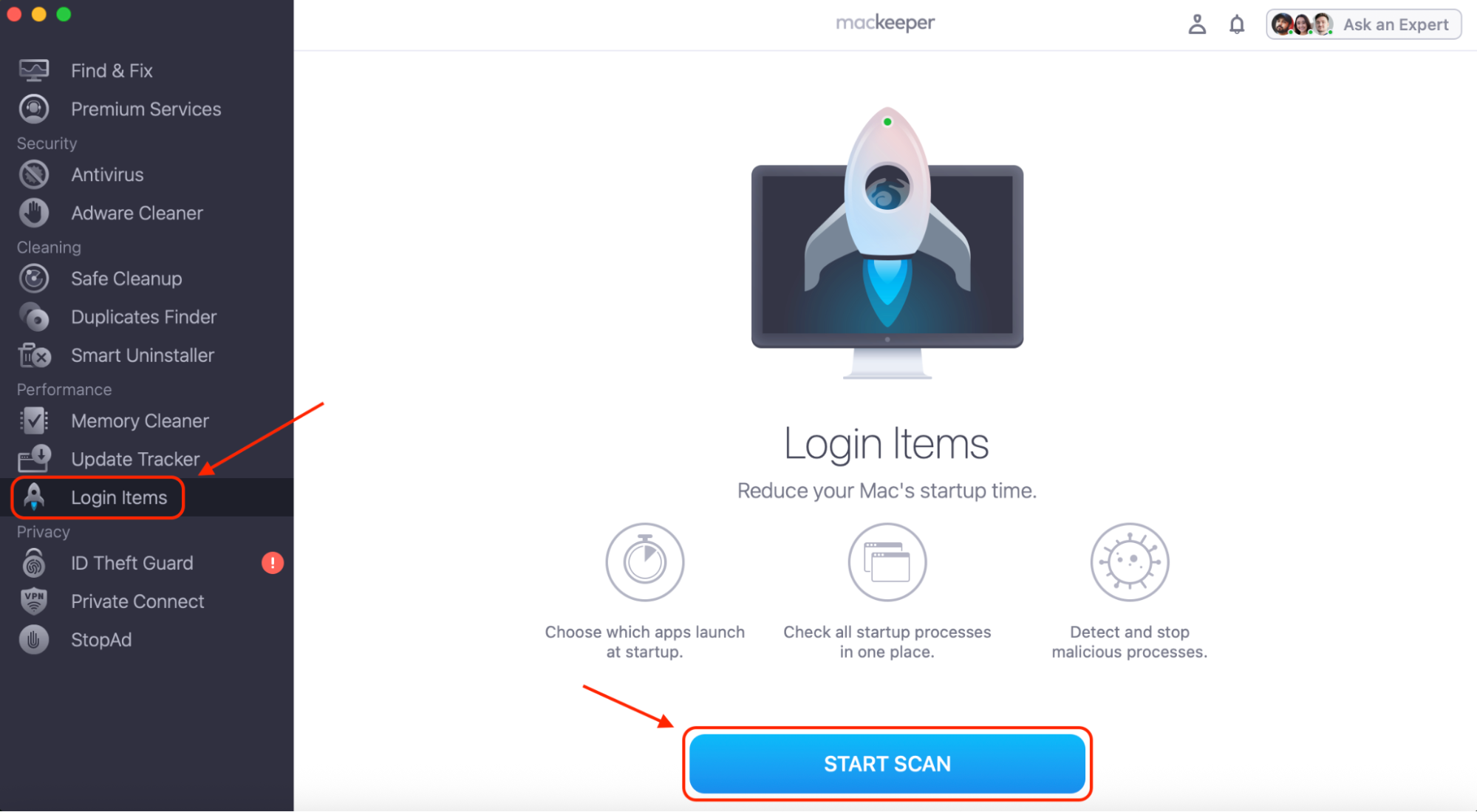 Open MacKeeper and select Login Items in the sidebar, then click Start Scan to detect unnecessary startup programs that load when your Mac boots.