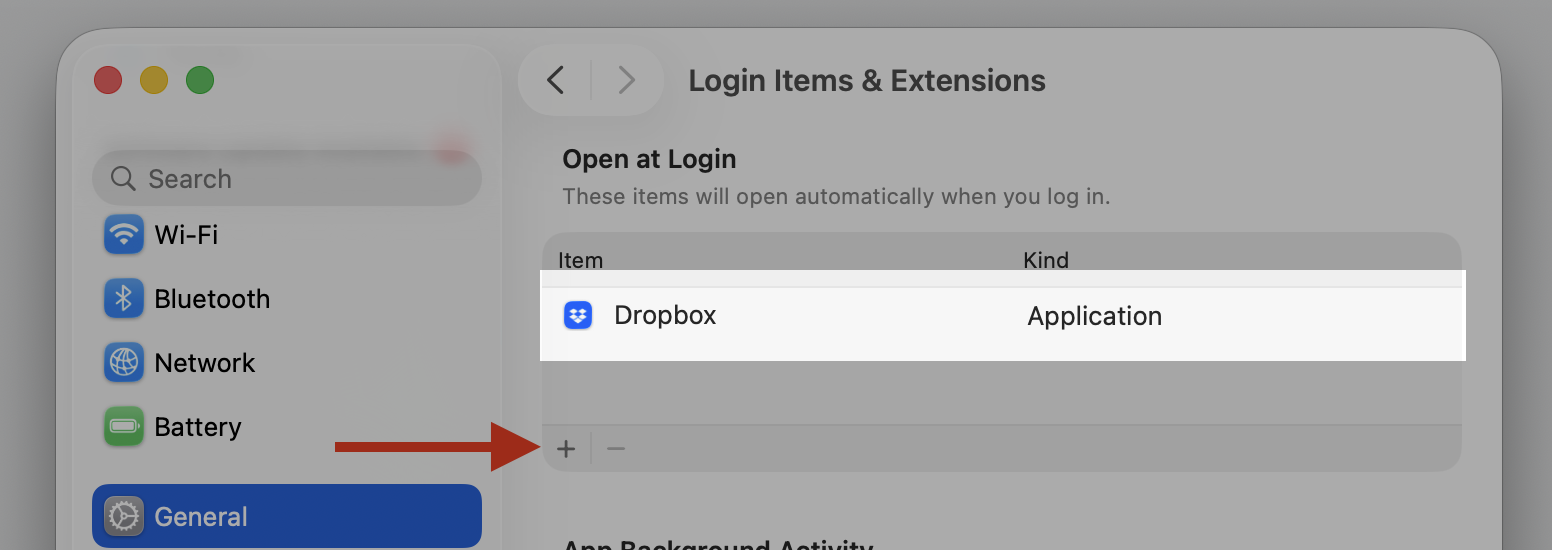 The Login Items & Extensions pane on macOS with the plus button highlighted under Open at Login to add the Dropbox desktop app.