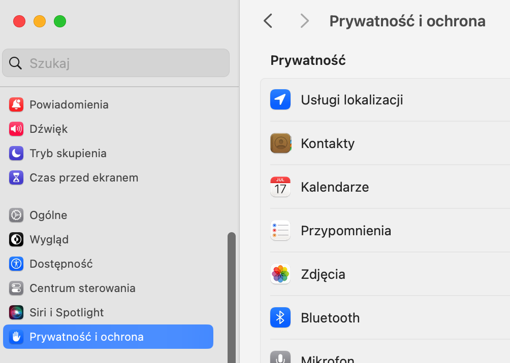 Otwórz Ustawienia systemowe na Macu, a następnie otwórz sekcję Prywatność i ochrona z panelu bocznego, a potem kliknij Pełny dostęp do dysku z listy.