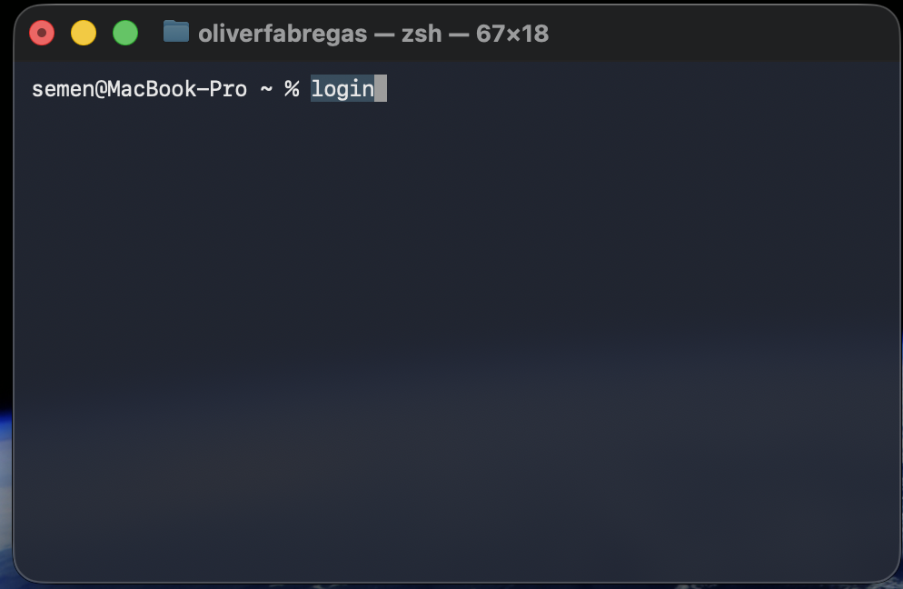 Terminal window open on a MacBook in macOS Sonoma showing the login command typed at the prompt, used to begin switching users from the command line.