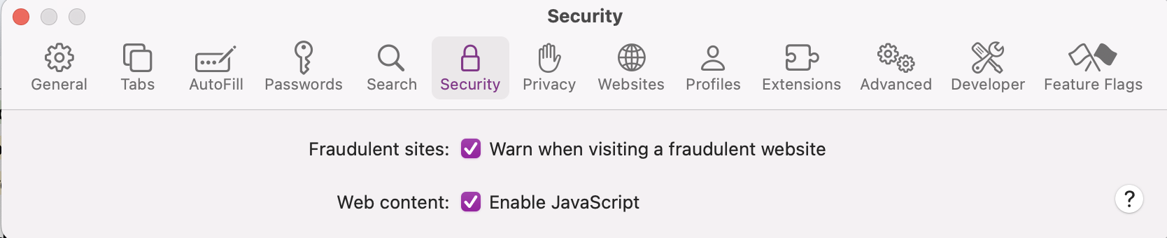 Next, press on the Security tab and tick next to fraudulent sites: Warn when visiting a fraudulent website. This will help your Mac keep you safe from entering unsupported or fraudulent websites that could comprise your Mac's integrity.
