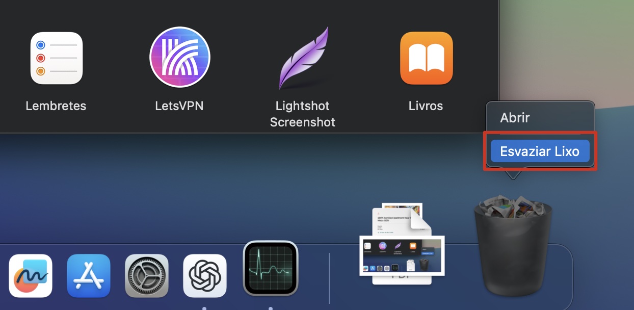 O menu contextual do Lixo no Mac. Você precisa esvaziar o Lixo depois de excluir um aplicativo da pasta Aplicativos; caso contrário, ele não será desinstalado.