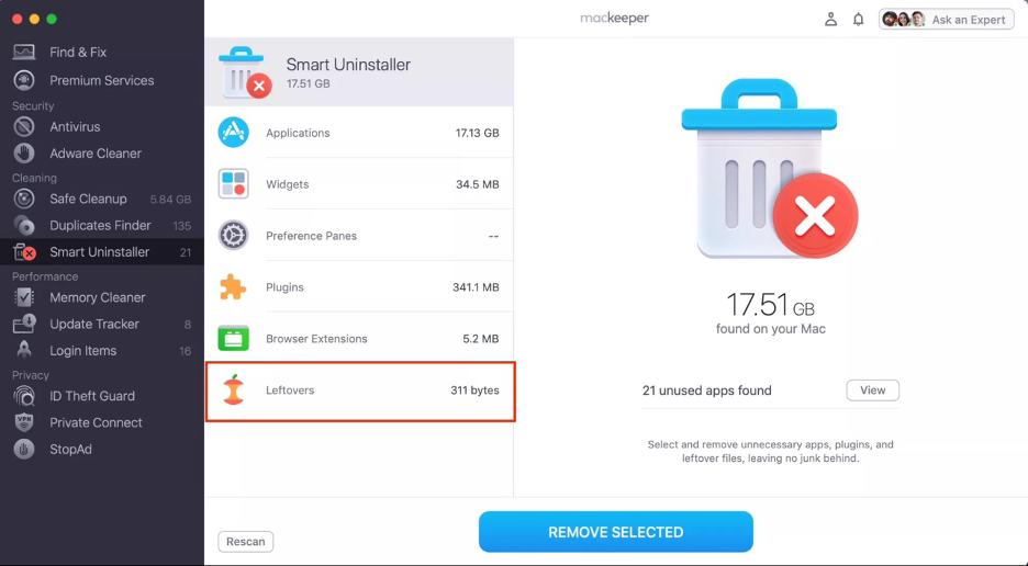 To uninstall a VPN from your Mac and all leftover files, choose the Leftovers category and click on Remove Selected.