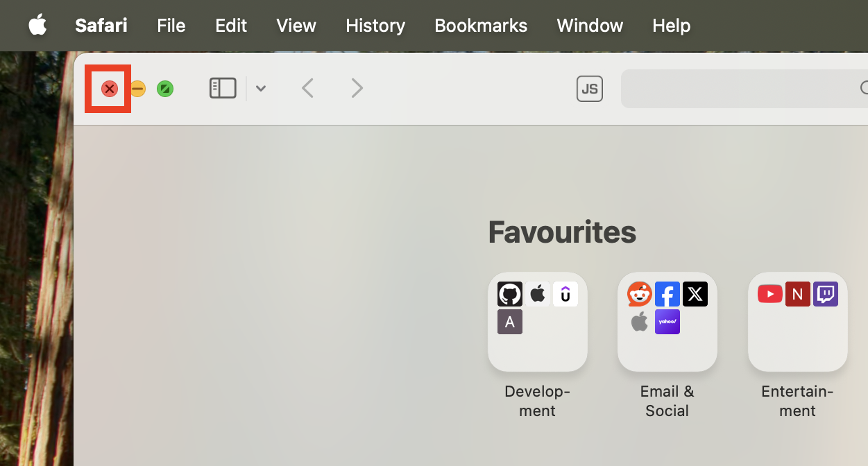 The X icon in the top-left corner of a Safari window on Mac. If you want to know how to force quit Safari on Mac, first try clicking the red X to close the window.