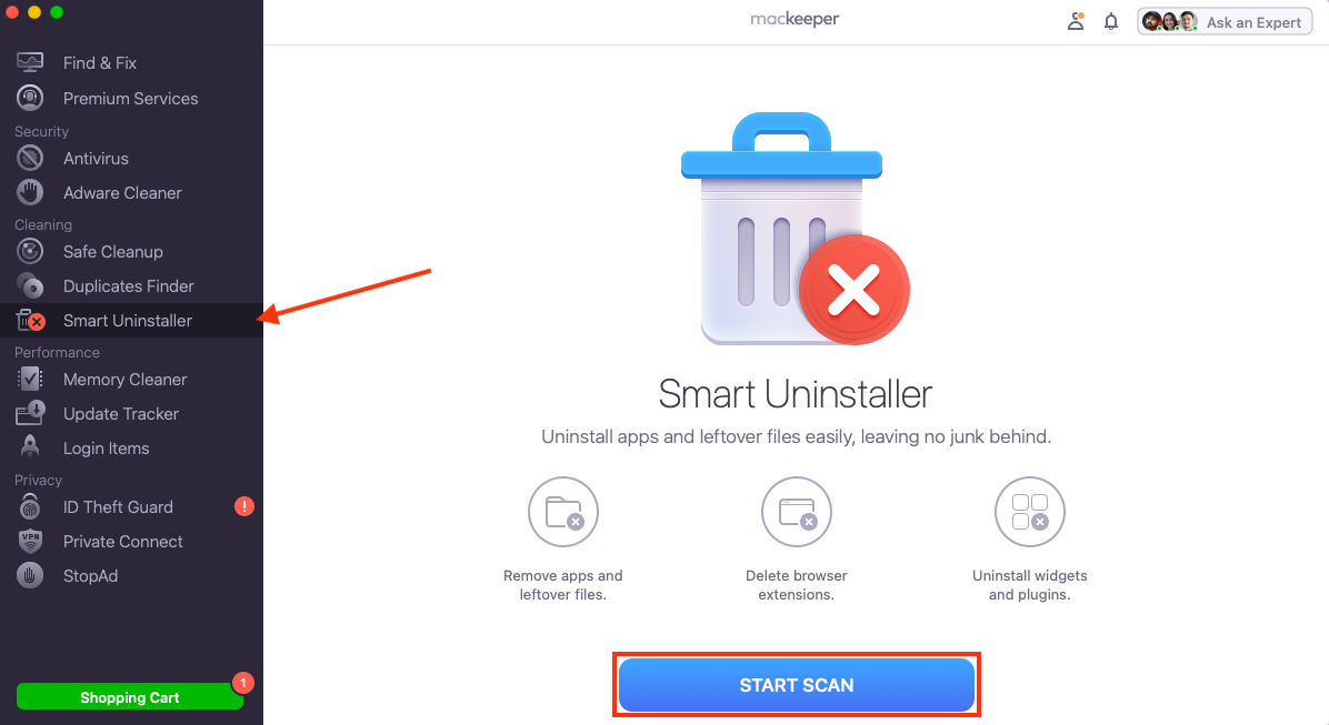 The Smart Uninstaller inside MacKeeper for Mac. Click Start Scan to find all installed apps and to uninstall CCleaner from macOS.