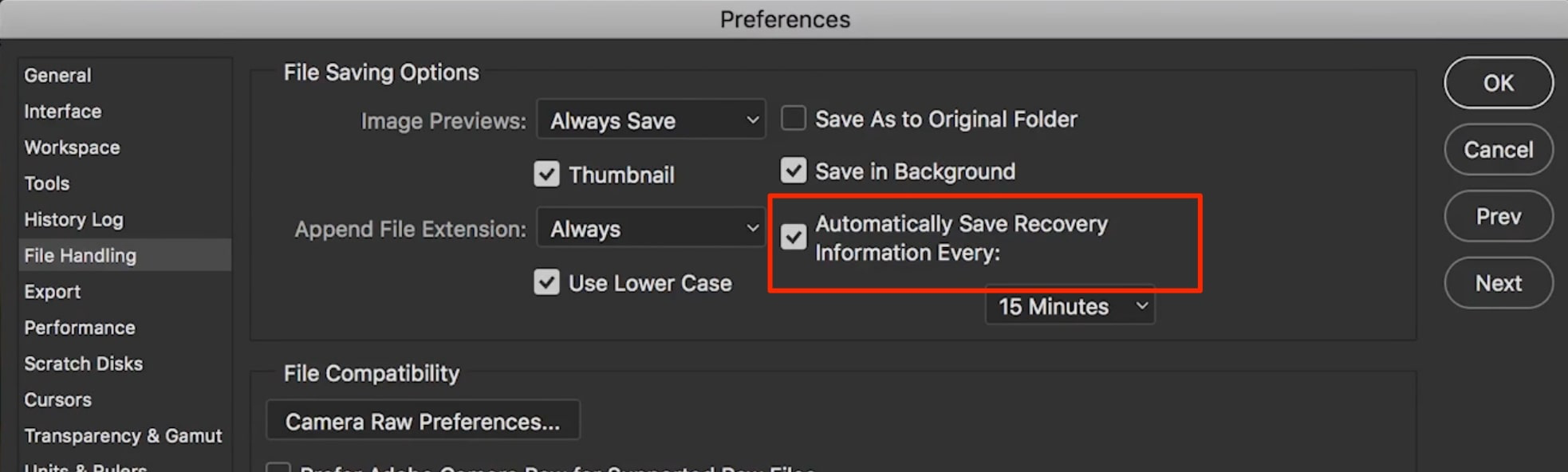 Photoshop for Mac showing the File Handling menu. Uncheck Automatically Save Recovery Information to disable auto-recovery. Photoshop for Mac showing the File Handling menu. Uncheck Automatically Save Recovery Information to disable auto-recovery.