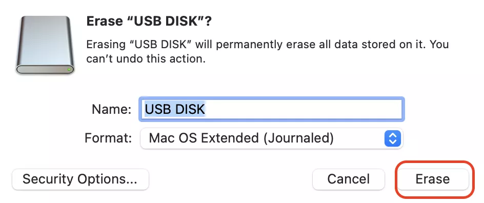 To accomplish the USB formatting operation, you need to click on the Erase option in the pop-up window appearing on your Mac screen