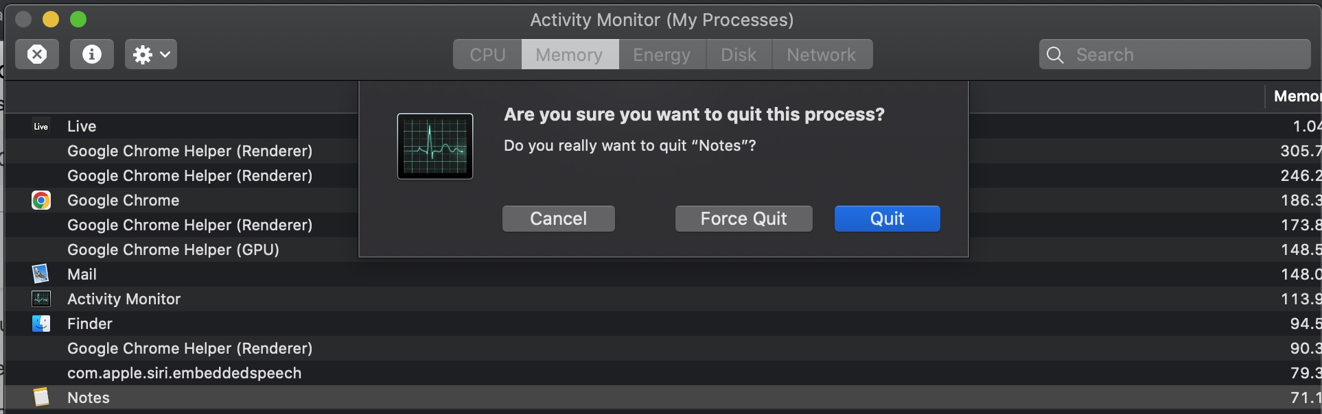 Stopping the suspicious process in the Activity Monitor by clicking the Quit button highlighted in blue