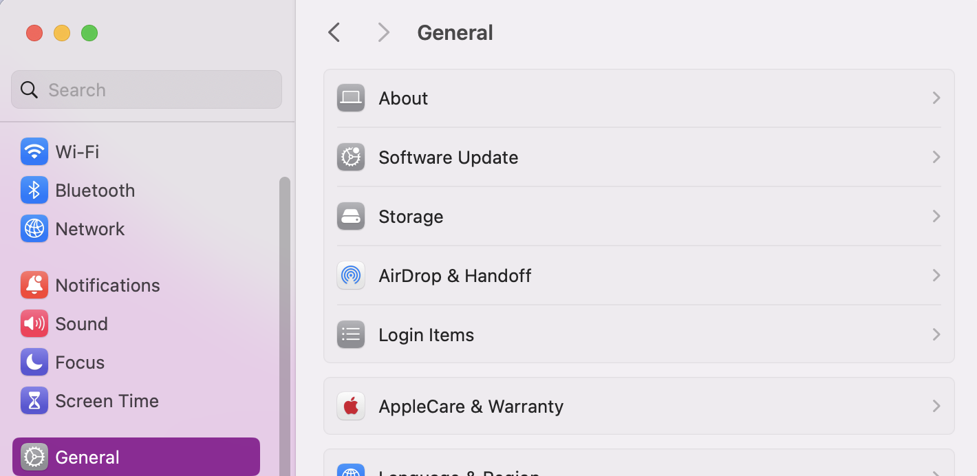 Outdated macOS could be the culprit behind Office and Word lagging. To check for outstanding updates, open System Settings and click on the General Tab. Then click on Software Update.