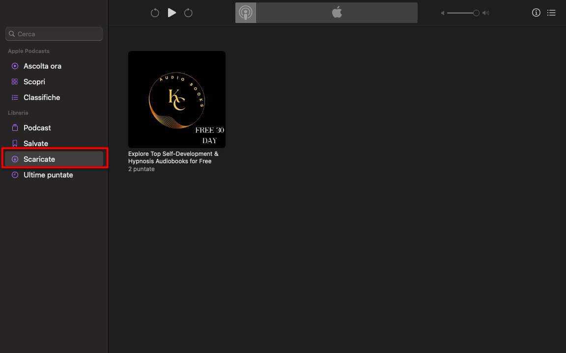 Aprire l'applicazione Podcast e selezionare la scheda Scaricate dal menu a sinistra.