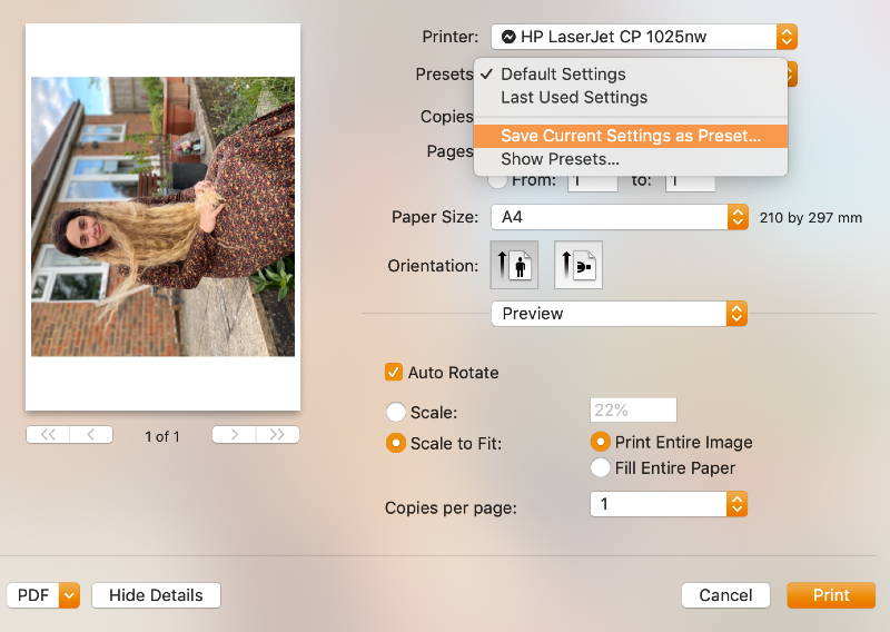 presets menu open to save current printing settings as preset presets menu open to save current printing settings as preset