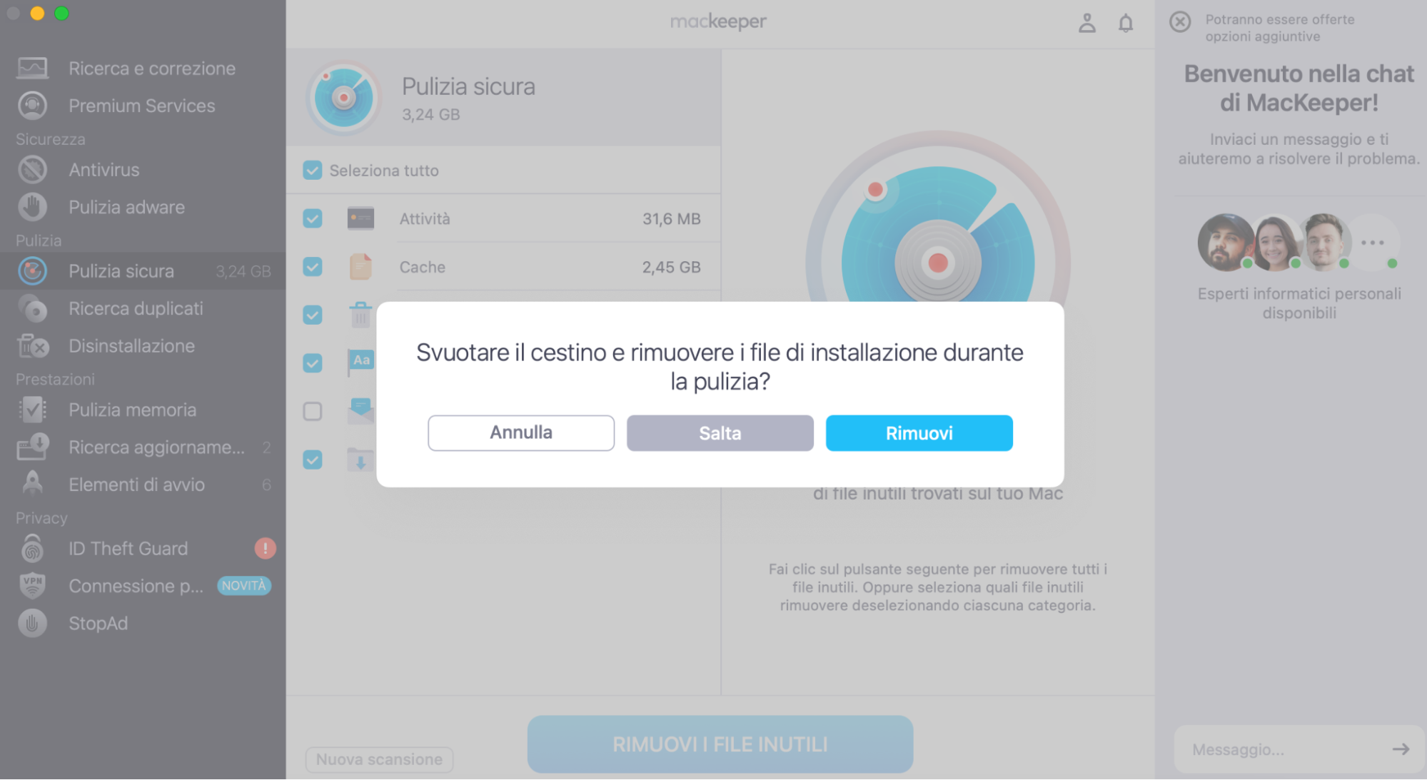 Seleziona tutto ciò che desideri rimuovere con MacKeeper's Safe Cleanup, quindi premi Pulisci file indesiderati. Dovrai quindi premere Rimuovi per completare il processo.