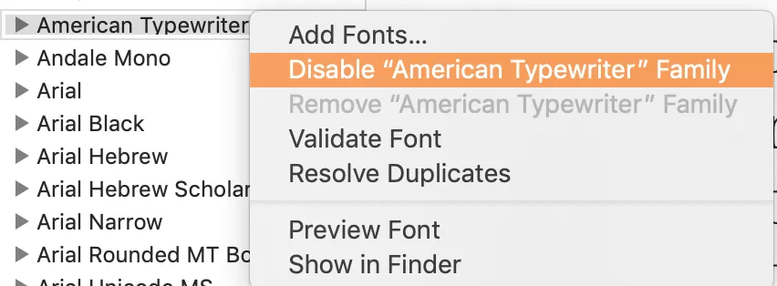 disable a system font in font book