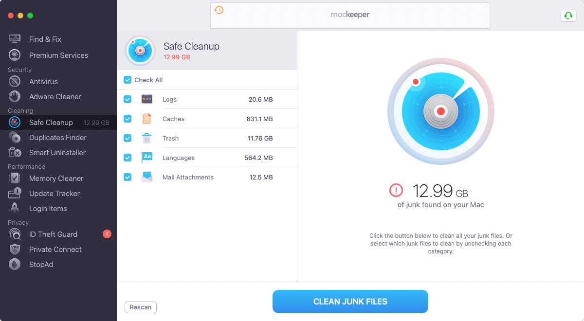 Tick the boxes next to the files you want to delete, tick Mail Attachments, and click Clean Junk Files.