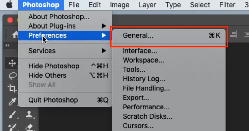 The Preferences menu in Photoshop for Mac. Click General to access settings and reset Photoshop preferences. The Preferences menu in Photoshop for Mac. Click General to access settings and reset Photoshop preferences.