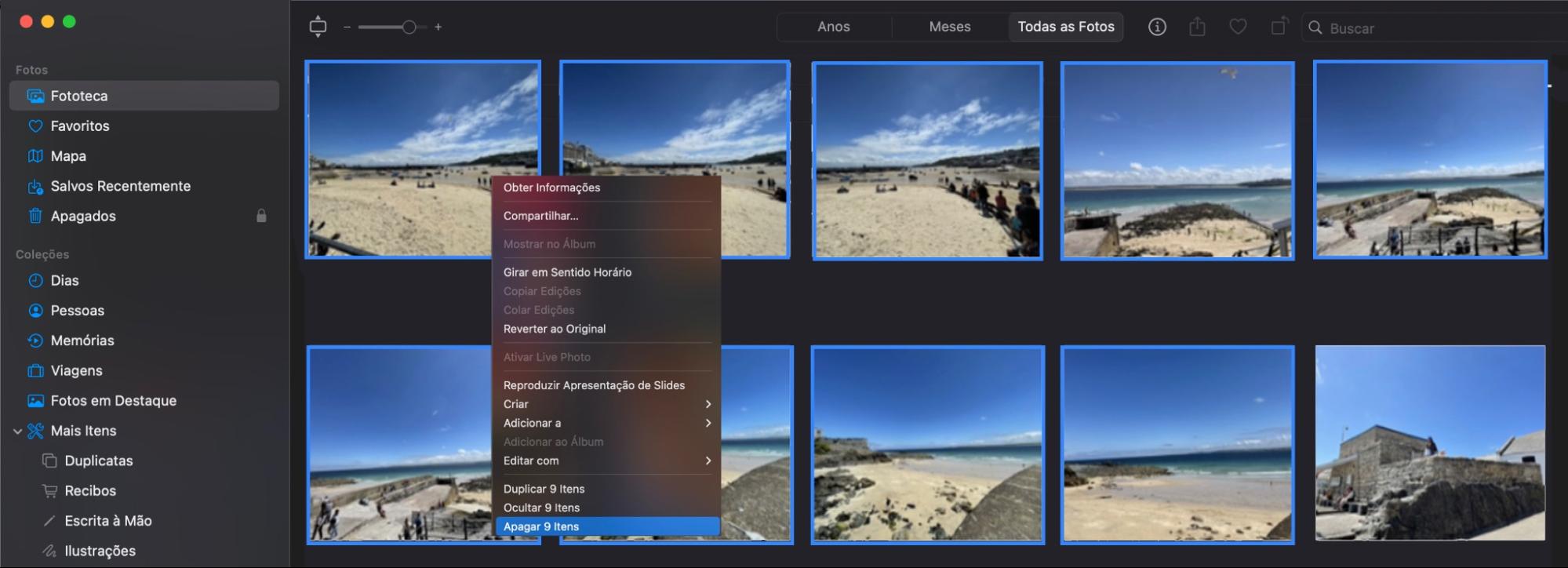 Na seção Fototeca do aplicativo Fotos no Mac, para excluir várias fotos e vídeos e liberar espaço, primeiro selecione os itens, depois clique com o botão direito e escolha Apagar.