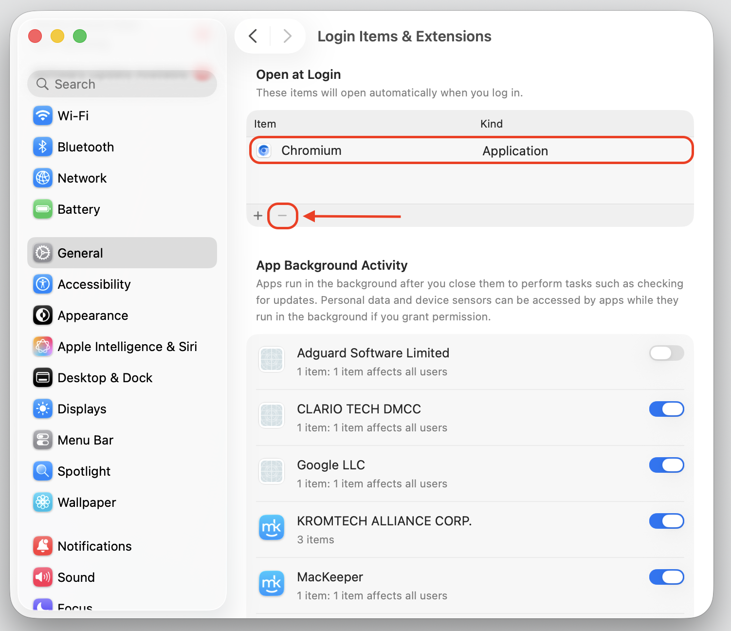 Login Items panel in System Settings on an iMac with Chromium selected and the minus button used to stop it launching at startup.