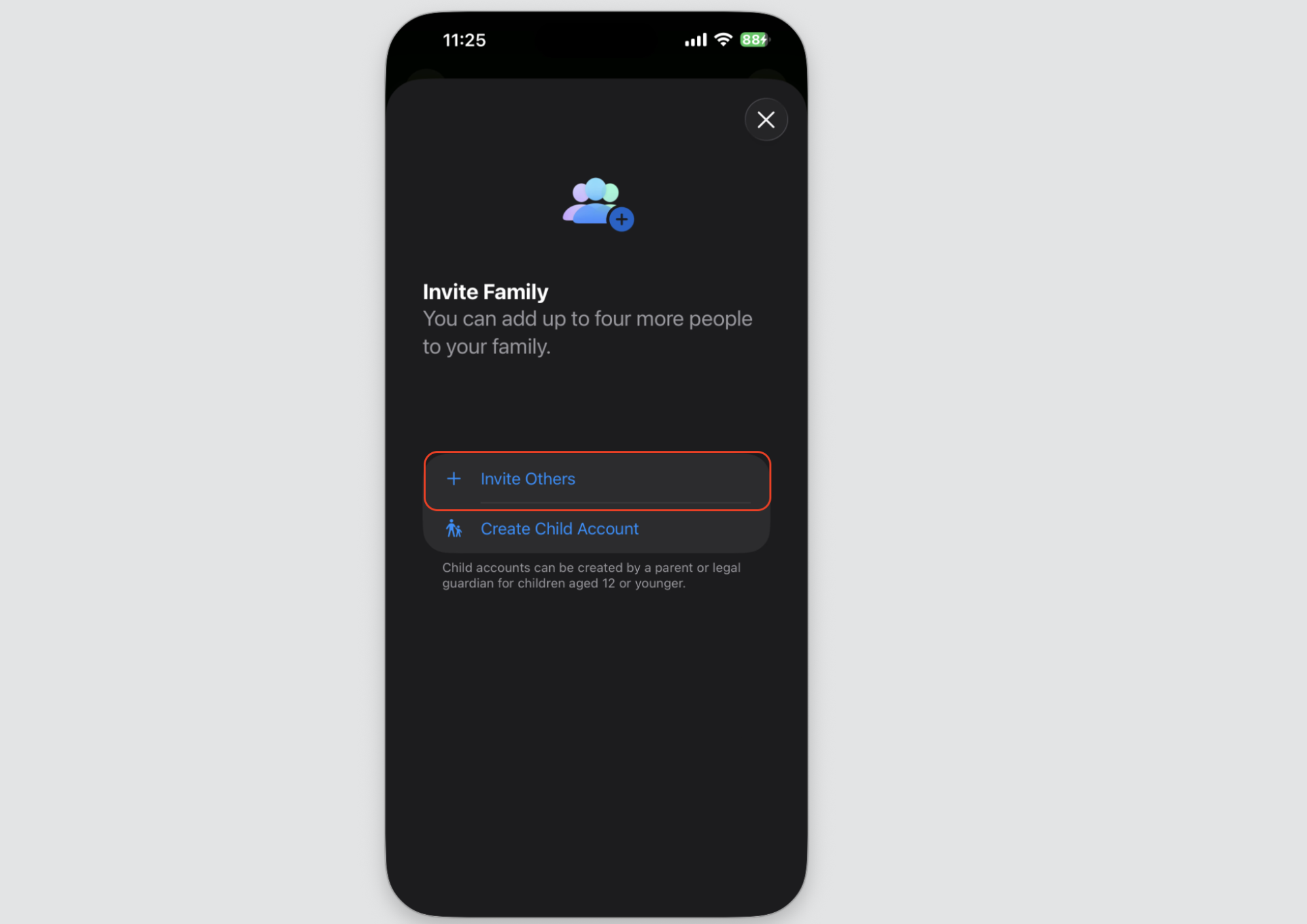 The Invite Family screen in iPhone Settings, with Invite Others selected to add a person and share iCloud storage from your Apple device.