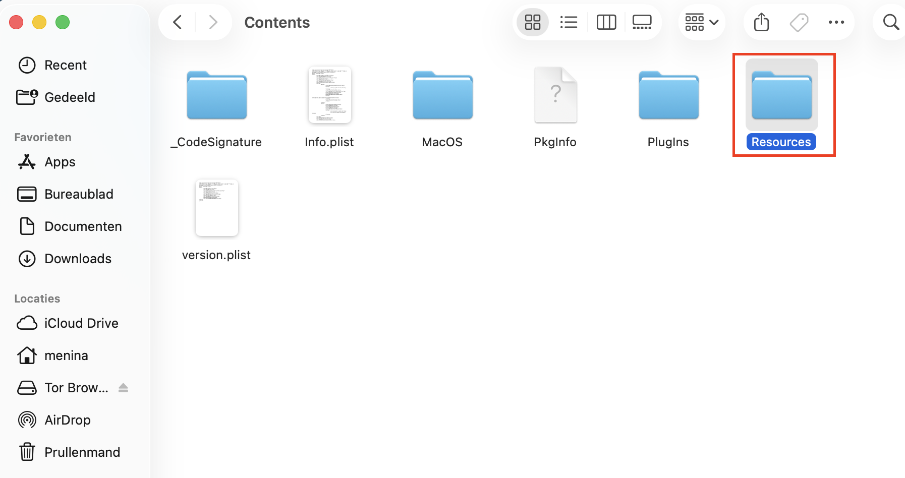 De map Contents van een app die op de Mac is geïnstalleerd. In de map Resources vind je ongebruikte taalbestanden die je kunt verwijderen om ruimte vrij te maken op je Mac.