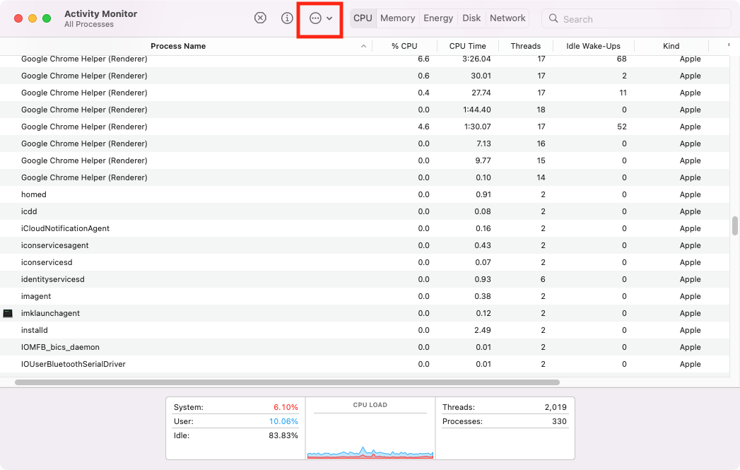 Another method of using Activity Monitor on your Apple laptop is to launch diagnostic reports, which require your click on the three dots icon