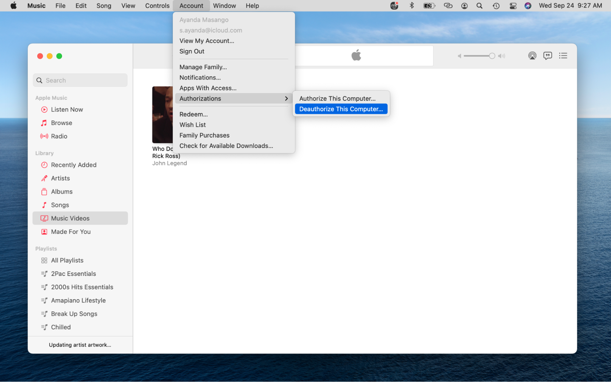 The Music app is opened on a Mac. Unlink licensed apps and deauthorize your computer from the Music app to protect your data.