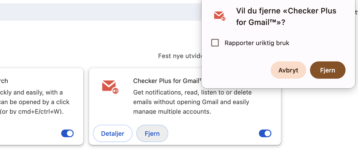 Til slutt, for å slette utvidelsen, klikker du på Fjern-knappen du ser i popup-vinduet. Slett alt som virker mistenkelig, eller som du ikke husker at du installerte.