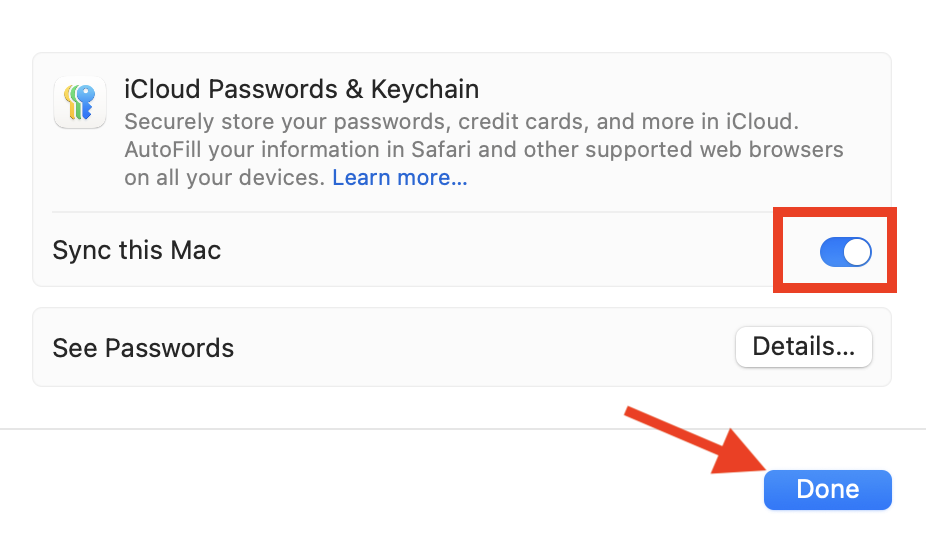 The iCloud Passwords menu in System Settings on Mac. Turn Sync this Mac off and then back on to fix Mac Keychain password not working