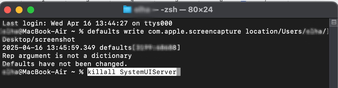 When the new folder for your screenshots is transferred to Terminal, type killall SystemUIServer combination in the same Terminal window, and click Return to apply new settings.