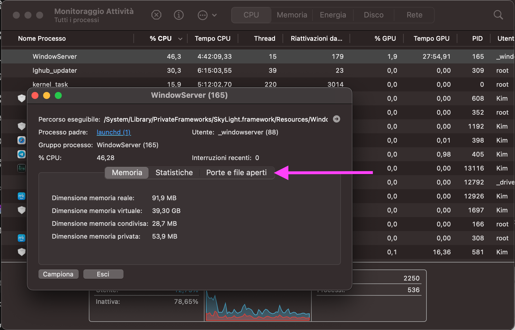 Dopo aver aperto Monitoraggio Attività, scorri l’elenco dei processi e fai attenzione a quelli duplicati o che non riconosci. Se trovi qualcosa di sospetto, fai clic destro sul processo e passa a Porte e file aperti.