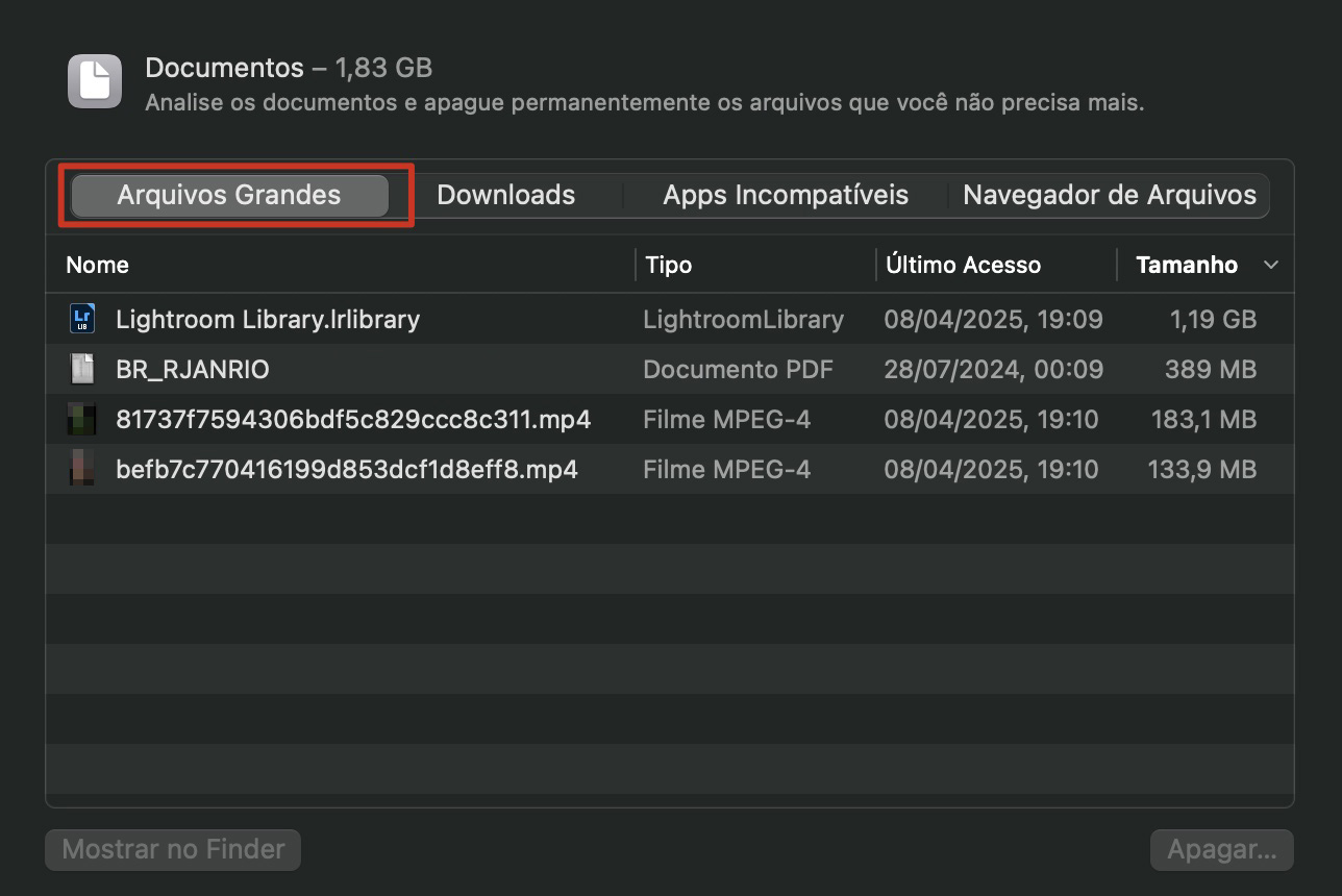 A pasta Documentos mostra a lista de arquivos com a aba separada para Arquivos Grandes. Navegue até aqui para excluir os desnecessários.