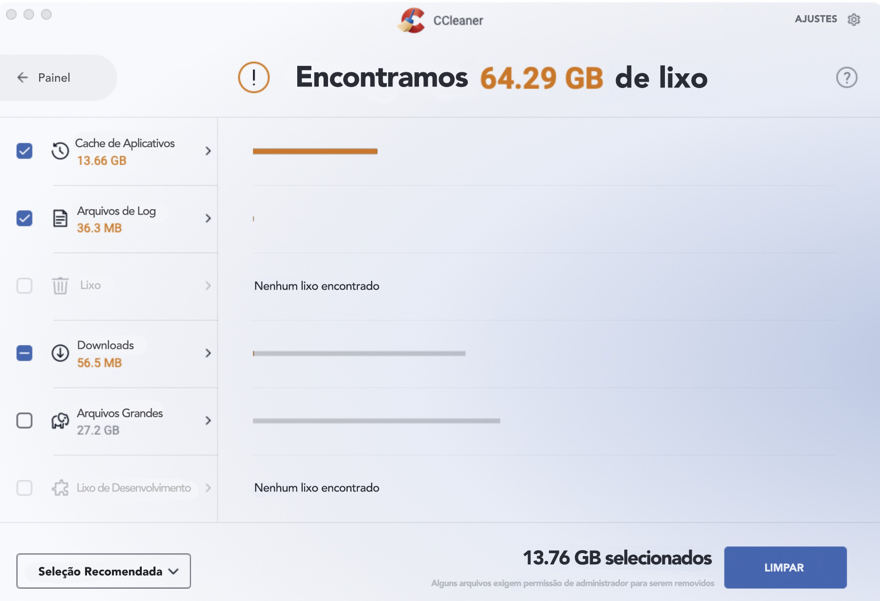 O CCleaner para Mac permite que os usuários analisem arquivos desnecessários, como caches de aplicativos. Após a verificação do dispositivo, é possível clicar em Limpar para se livrar deles.