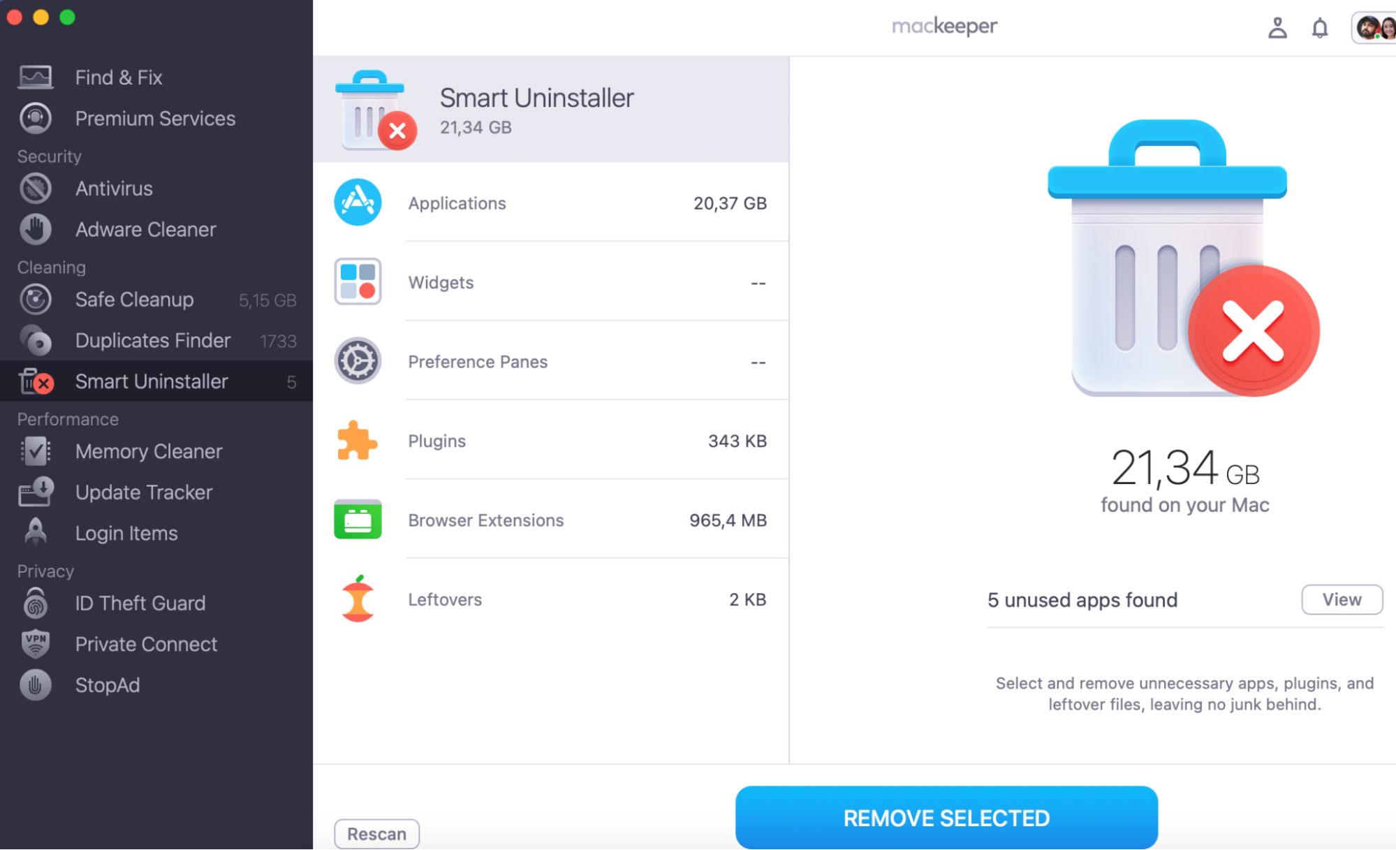 When the scan is completed, select unnecessary apps from the list, and click Remove Selected to remove them and delete their leftover files, which take up a lot of storage space.