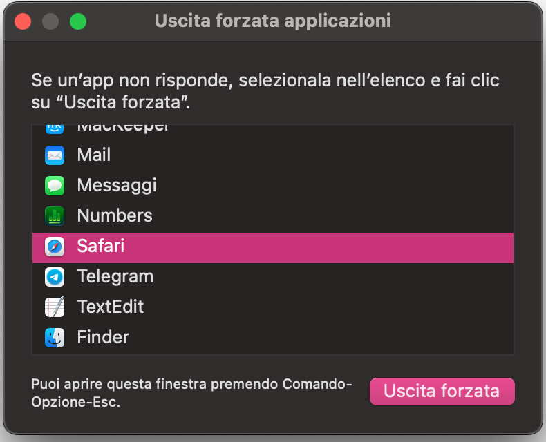 La finestra Uscita forzata di macOS mostra l’elenco di tutte le applicazioni in esecuzione. Per forzare la chiusura di Safari, selezionalo e poi fai clic sul pulsante Uscita forzata.