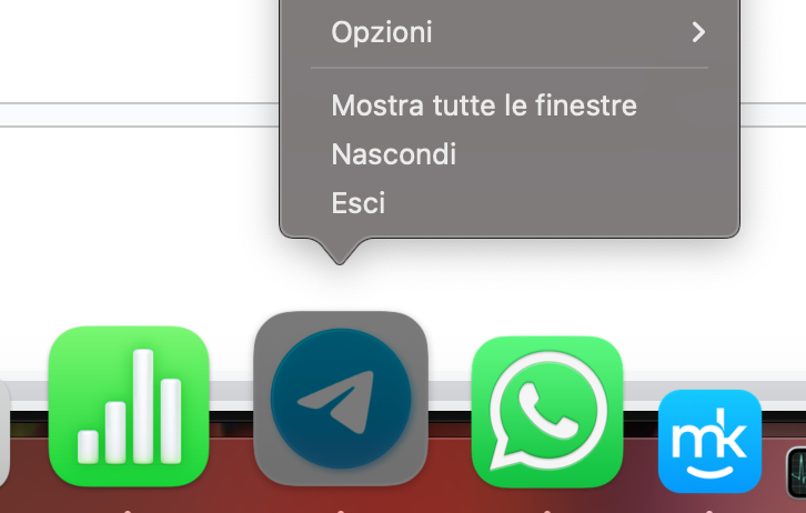 Chiudi le app e i programmi che non ti servono per fare in modo che Finder funzioni in modo più efficiente sul tuo Mac. Premi Control + trackpad sull’app o programma che vuoi chiudere, quindi seleziona Esci.