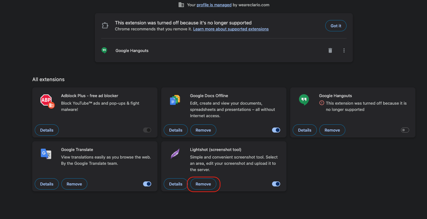 The Chrome Extensions tab on an Apple computer with the Remove button used to delete a problematic extension causing crashes.