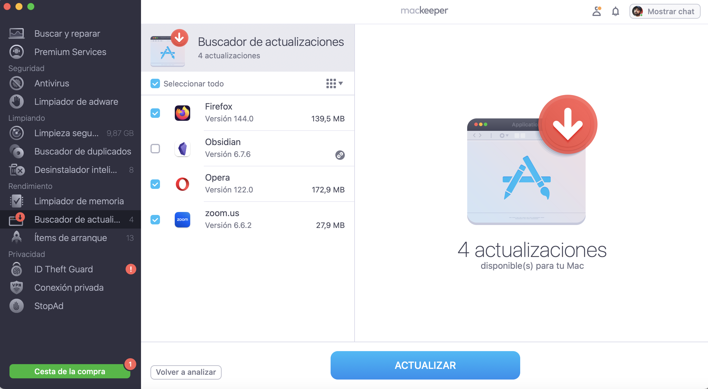 Espera a que finalice el análisis. El Buscador de Actualizaciones de Mackeeper enumera las aplicaciones obsoletas. Selecciona las que quieras actualizar y haz clic en Actualizar.