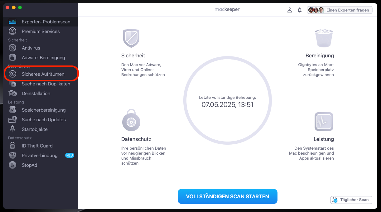 Sie werden wahrscheinlich feststellen, dass 256 GB für ein MacBook ausreichend sind, wenn Sie Junk-Dateien bereinigen. Öffnen Sie zunächst MacKeeper und wählen Sie Sicheres Aufräumen.
