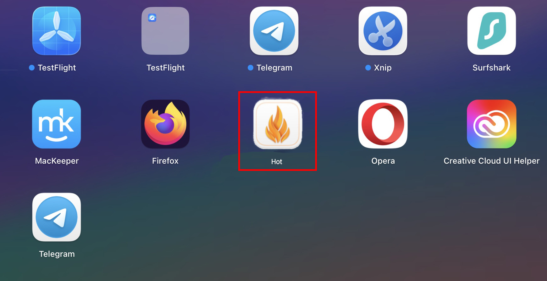 O ícone do aplicativo Hot na pasta de aplicativos do Mac é usado para verificar a temperatura do seu Mac. Após a conclusão da instalação, você deverá vê-lo entre os ícones dos outros aplicativos. Abra o aplicativo tocando nele.