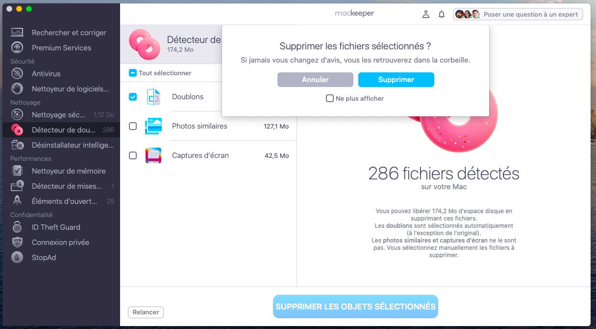 Cliquez sur Supprimer dans la fenêtre contextuelle pour effacer les fichiers. Vous les trouverez dans la Corbeille.