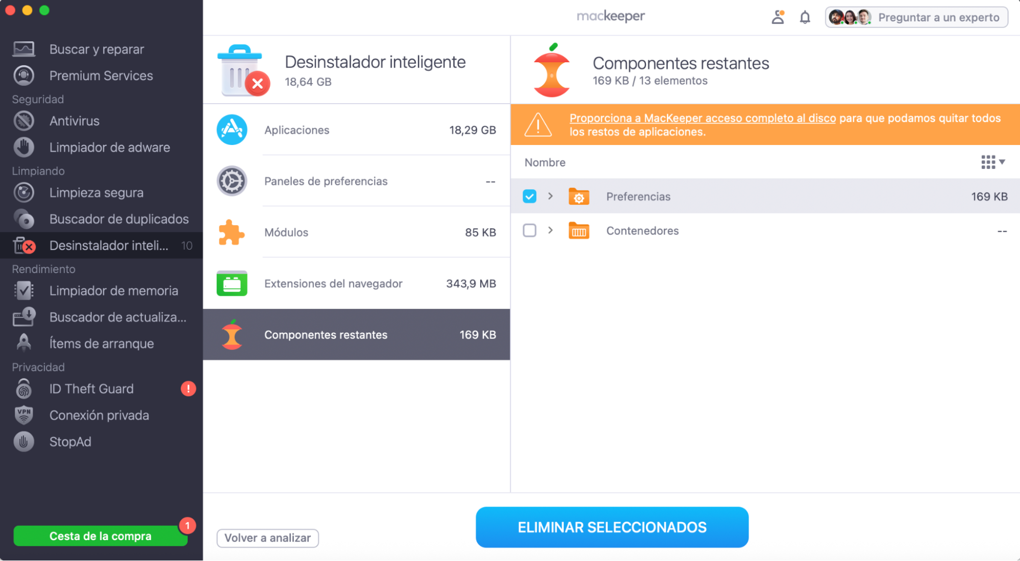 Para eliminar archivos innecesarios de tu Mac y permitir que las aplicaciones funcionen sin problemas, ve a la aplicación MacKeeper, inicia Desinstalador Inteligente en la barra lateral izquierda, elige la opción Iniciar análisis, haz clic en Componentes restantes y eliminar los archivos seleccionados.
