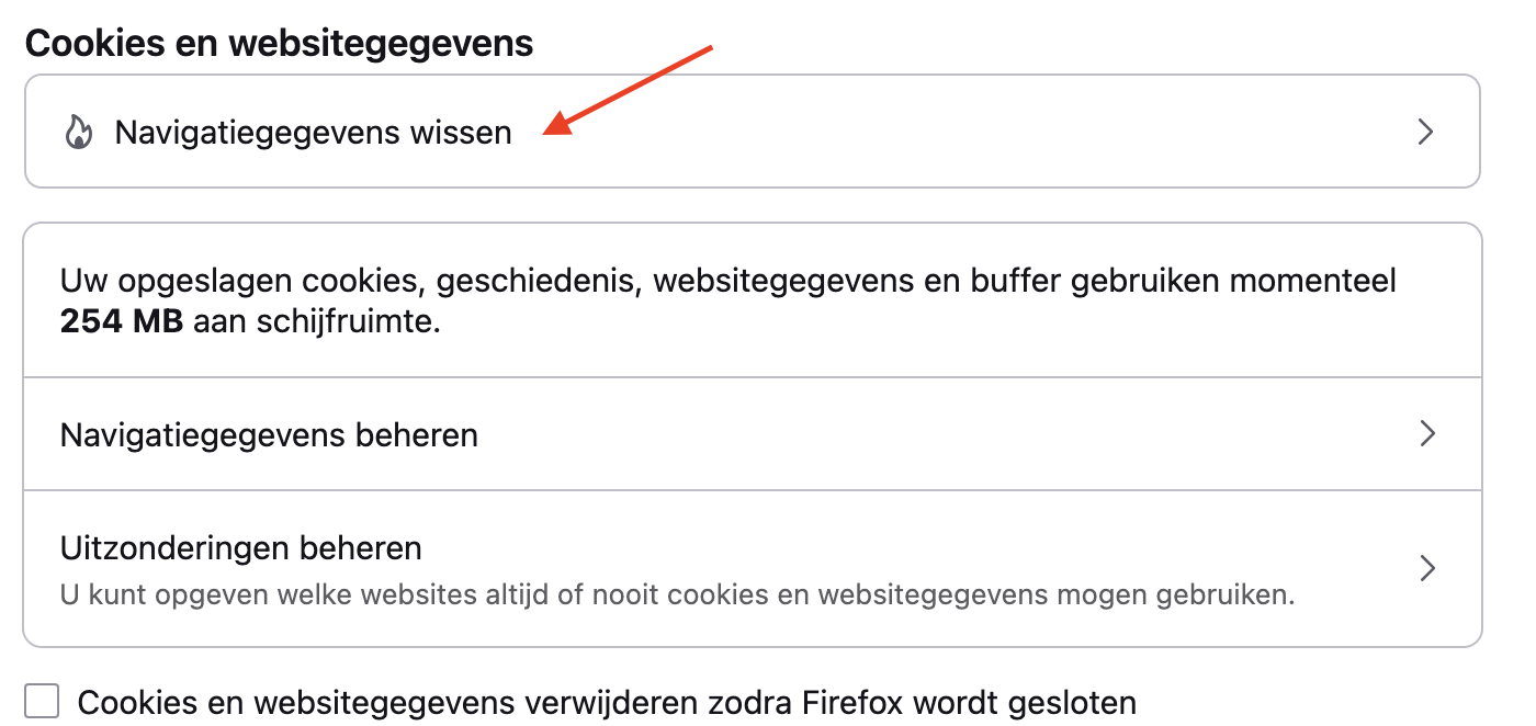 Firefox op de Mac toont het menu ‘Privacy en beveiliging’. Klik onder ‘Cookies en sitegegevens’ op ‘Gegevens wissen.’ om cachebestanden te verwijderen.