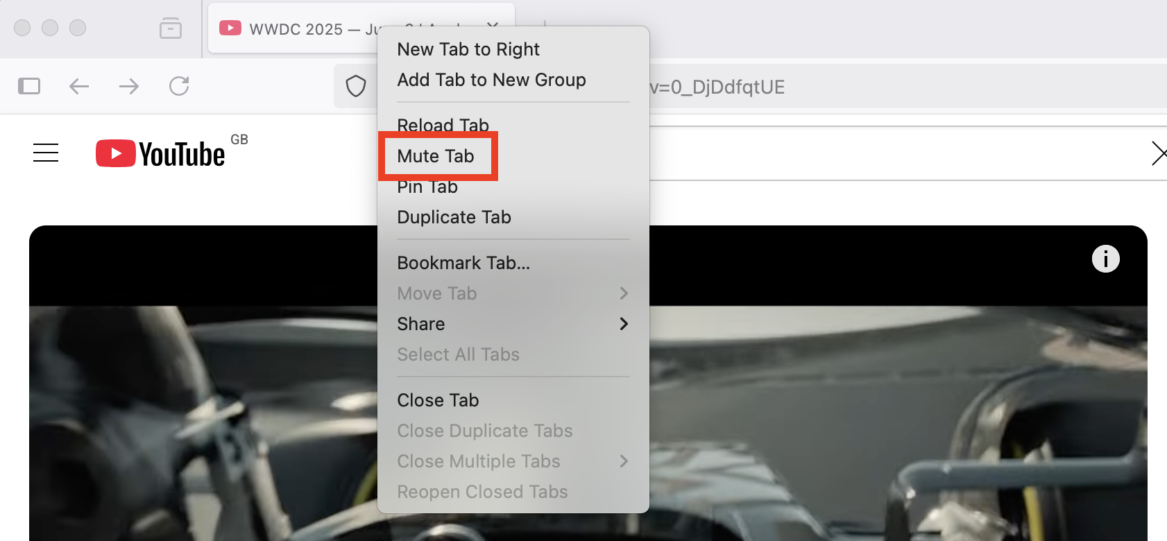The contextual menu that appears after right-clicking a tab in Firefox on Mac. Select Mute Tab to silence the selected website.