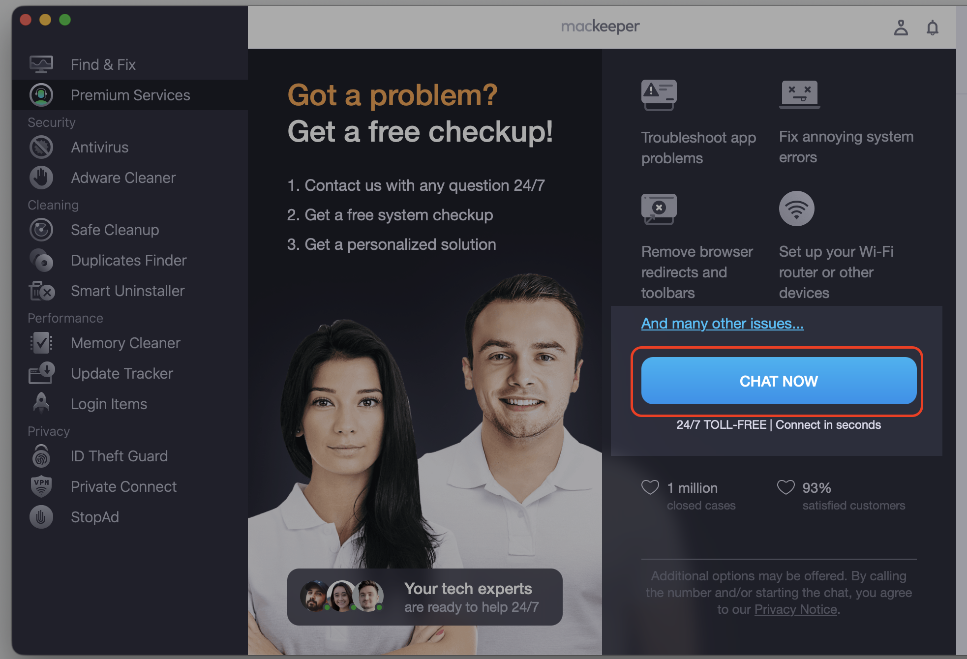 MacKeeper's Premium Services page on macOS with the blue Chat Now button highlighted, the first step to reach live support on your Mac.