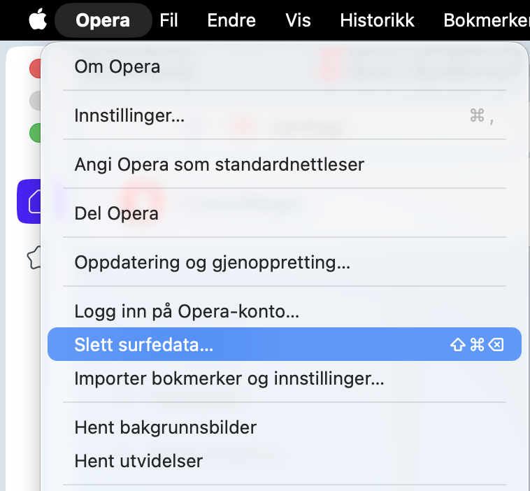 Opera-nettlesermenyen åpnet på Mac viser alternativet Slett surfedata valgt. Klikk på Slett surfedata