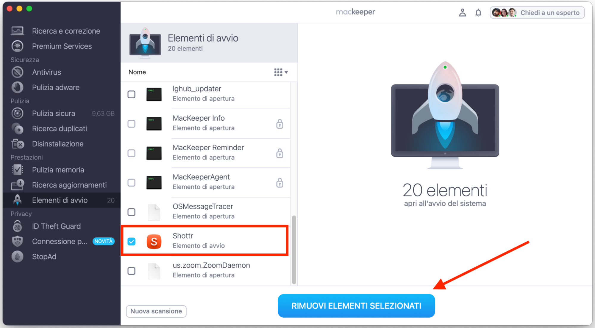 Apparirà un elenco di elementi di avvio: spunta le caselle accanto a quelli che vuoi disattivare. Dopo averlo fatto, seleziona Rimuovi elementi selezionati.