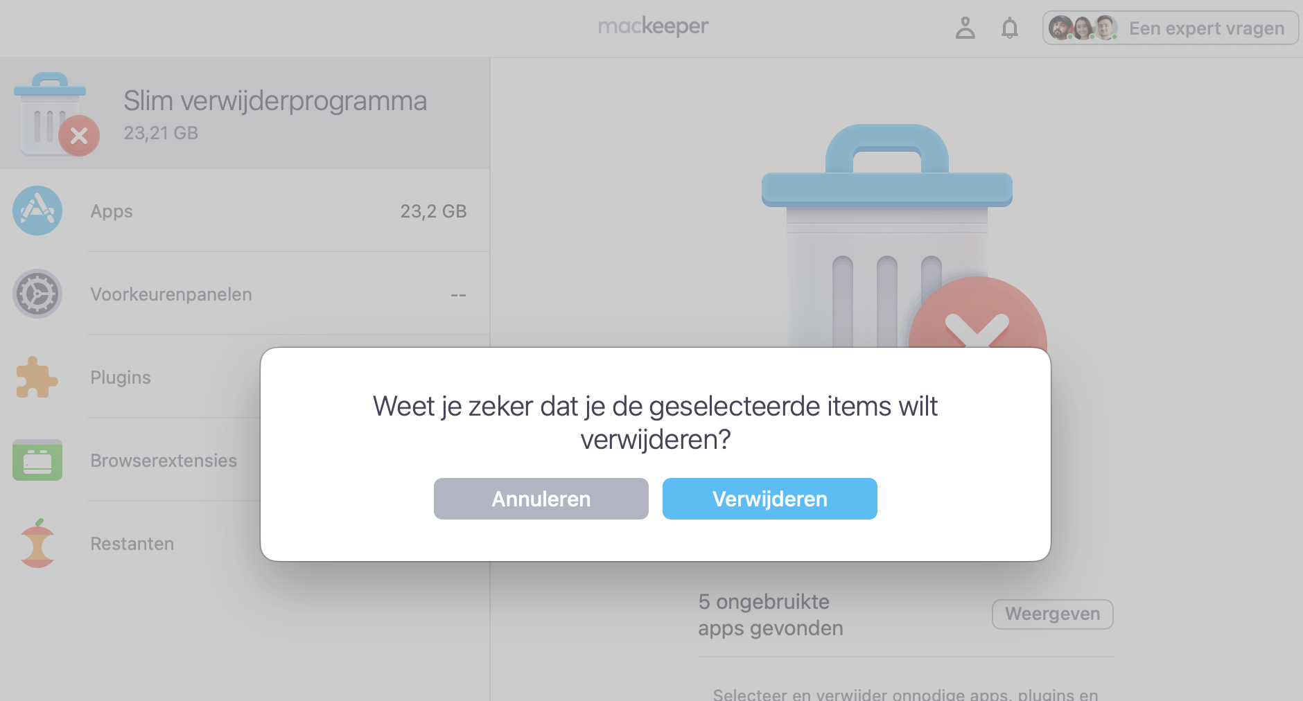 Bevestig je keuze door op Verwijderen te klikken. MacKeeper's Slim Verwijderprogramma verwijdert vervolgens de geselecteerde apps en resterende bestanden.