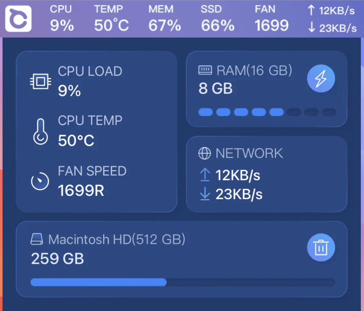 BuhoCleaner has a pop-up menu bar table that allows you to quickly check and access RAM optimization. To access it, click on the BuhoCleaner icon and look for RAM. If it needs a boost, click on the Bolt button.